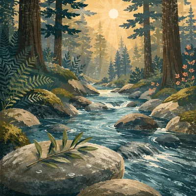 Clear Mountain Stream with Olive Branch