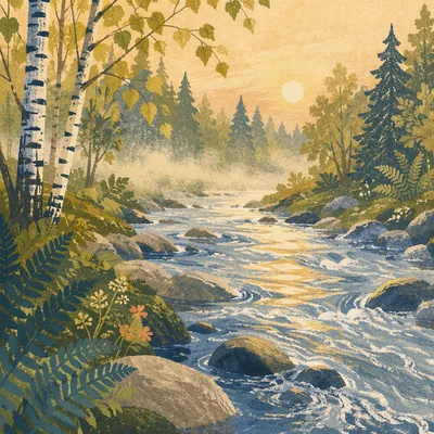 Clear Mountain Stream in Morning Forest