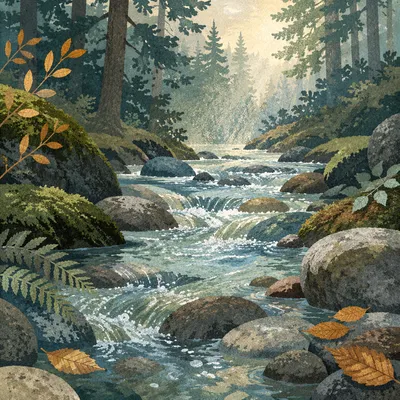 Clear Mountain Stream in Evergreen Woodland
