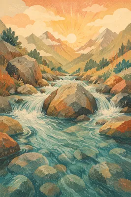 Clear Alpine Stream at Golden Sunrise