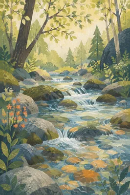 Clear Mountain Stream Through Mossy Stones