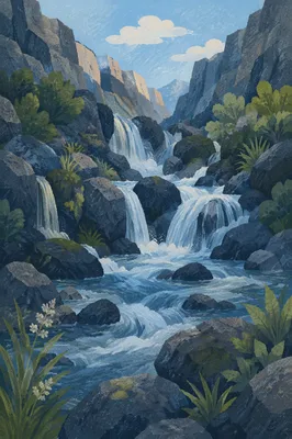 Clear Mountain Stream Through Rocky Gorge