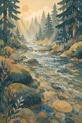 Clear Mountain Stream in Morning Forest