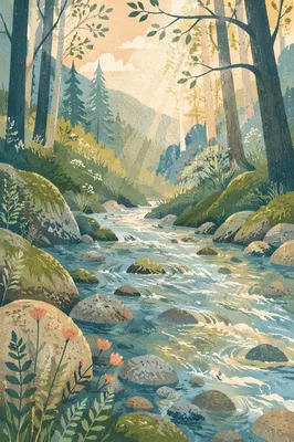 Clear Mountain Stream in Morning Woodland