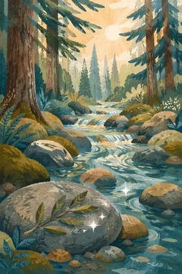Clear Mountain Stream with Olive Branch