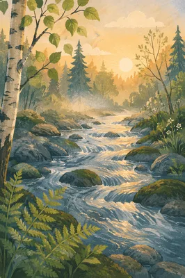 Clear Mountain Stream in Morning Forest