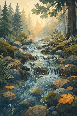 Crystal Clear Mountain Stream in Evergreen Woodland