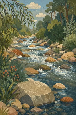 Clear Woodland River with Sunlit Rapids
