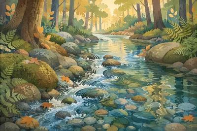 Clear Mountain Stream in Forest Light