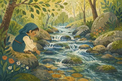 Clear Mountain Stream Through Mossy Stones