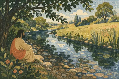 Clear Forest Stream Beside Sunlit Meadow