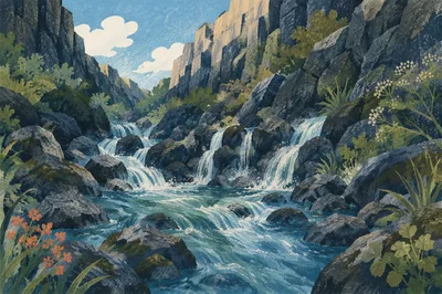 Clear Mountain Stream Through Rocky Gorge