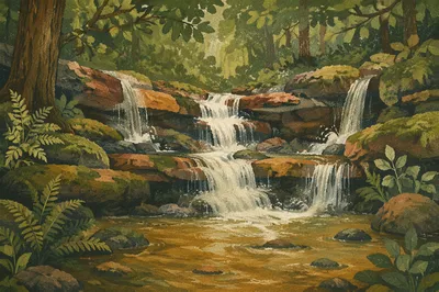 Clear Woodland Stream Over Mossy Sandstone Ledges
