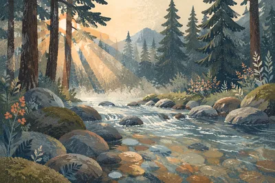 Clear Mountain Stream in Morning Forest