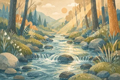 Clear Mountain Stream in Morning Woodland