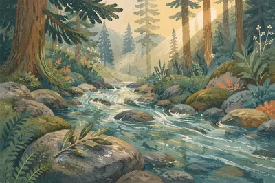 Clear Mountain Stream with Olive Branch