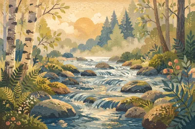 Clear Mountain Stream in Morning Forest