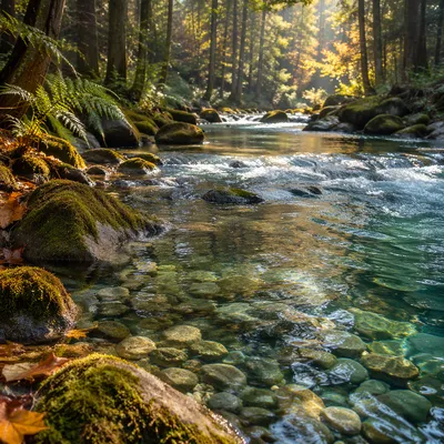 Clear Mountain Stream in Forest Morning