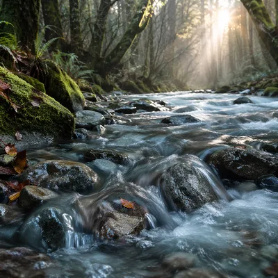 Clear Mountain River in Morning Forest