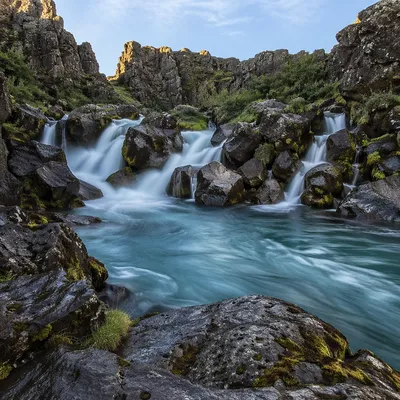 Clear Mountain Stream Through Rocky Gorge