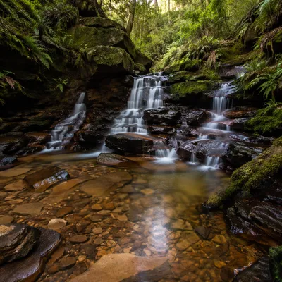 Clear Woodland Stream Cascading Over Mossy Sandstone