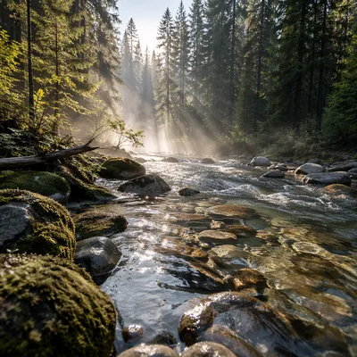 Clear Mountain Stream in Morning Forest