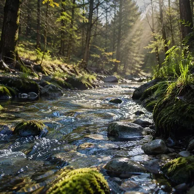 Clear Mountain Stream in Morning Woodland