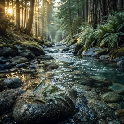 Peaceful Mountain Stream with Olive Branch