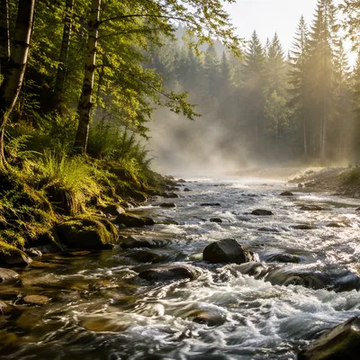 Clear Mountain Stream in Morning Forest