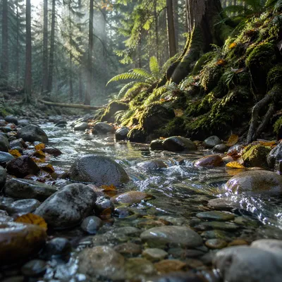 Clear Mountain Stream in Evergreen Woodland