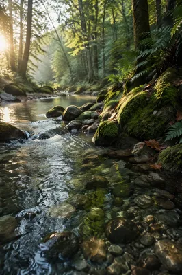 Clear Mountain Stream in Forest Morning