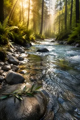 Peaceful Mountain Stream with Olive Branch