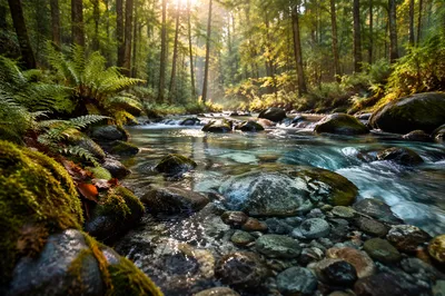 Clear Mountain Stream in Forest Morning