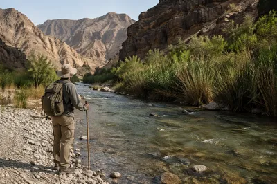 Hiker Beside Clear Desert Canyon River