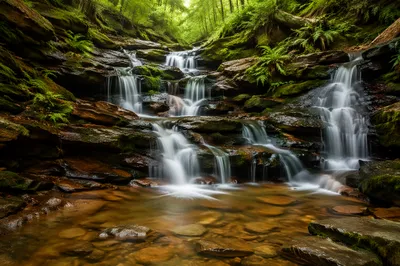 Clear Woodland Stream with Cascading Waterfalls