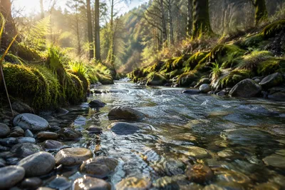 Clear Mountain Stream in Morning Woodland