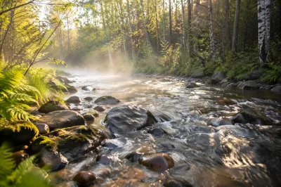 Clear Mountain Stream in Morning Forest