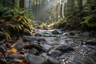 Crystal Clear Mountain Stream in Evergreen Woodland