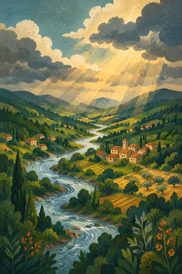 Aerial Winding River Through Emerald Valley