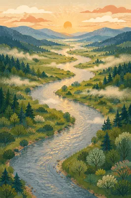 Winding River Through Misty Green Valley