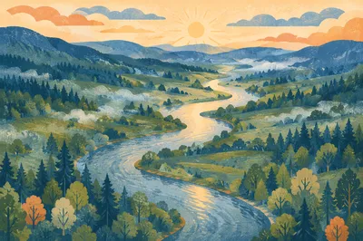 Winding River Through Misty Green Valley
