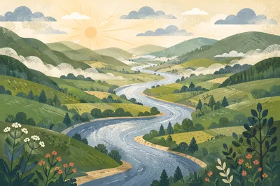 Aerial Winding River Through Misty Green Valley