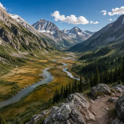 Winding River Through Alpine Green Valley