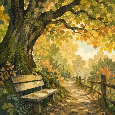 Golden Autumn Forest Path with Rustic Bench