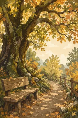 Golden Autumn Forest Path with Woodland Bench