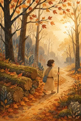 Golden Autumn Forest Path in Morning Mist