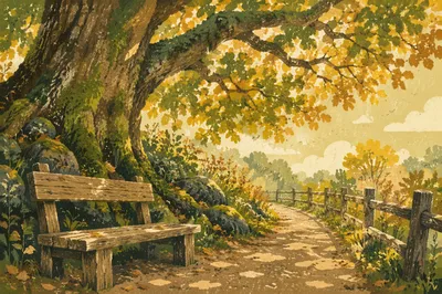 Golden Autumn Forest Path Under Ancient Tree