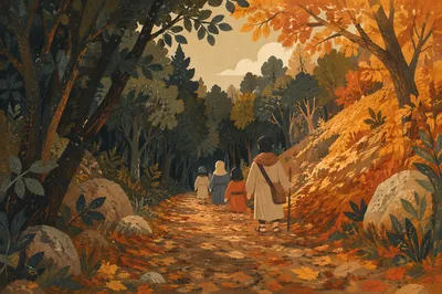 Golden Autumn Forest Path Under Leaf Canopy