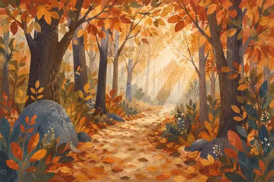 Golden Autumn Forest Path Under Canopy
