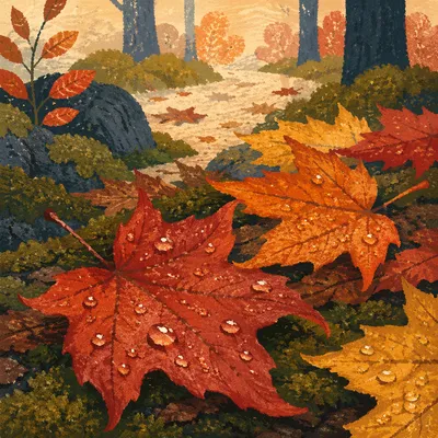 Autumn Maple Leaves on Rainy Forest Floor